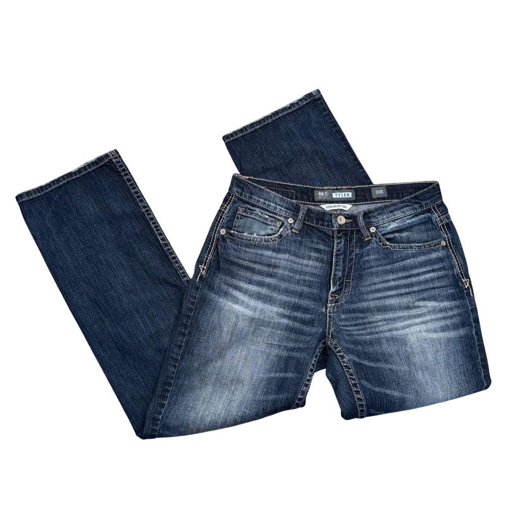 BKE Tyler Straight Leg Jeans Mens 31R Dark Wash Good Whiskered Contrast Stitch